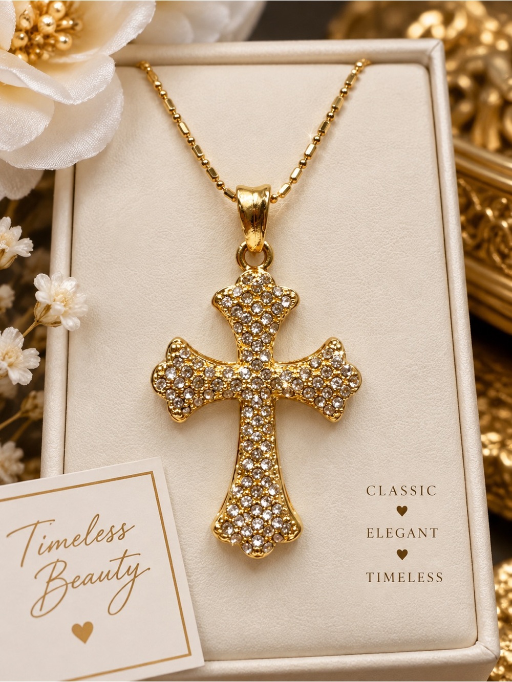 Gold Crystal Cross Pendant Necklace - Women Jewelry